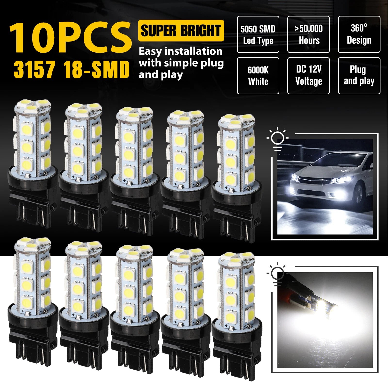 10Pcs 3157 3156 18-Smd Reverse Brake Stop Turn Signal Tail Led Light Bulbs White
