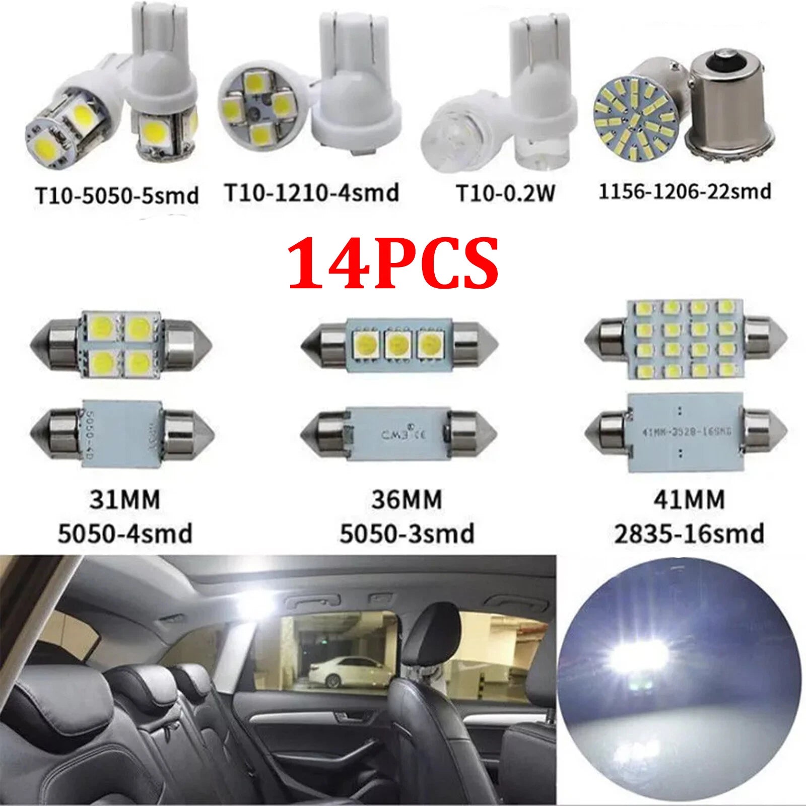 14X Led Interior Lights Bulbs Kit Dome License Plate Lamp Bulbs Car Accessories