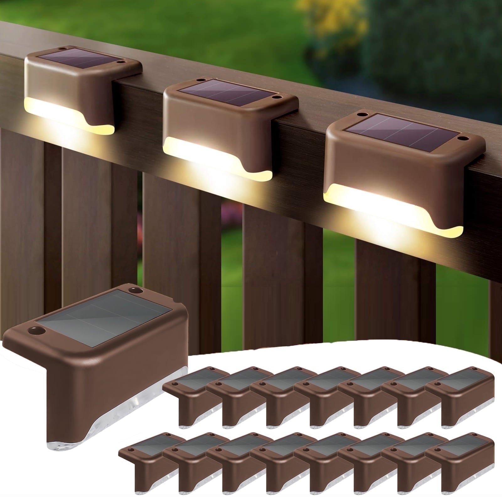 16PCS Outdoor Solar Deck Lights, Waterproof Solar Step Lights, LED Solar Lights for Outdoor Stairs Fence Yard Patio Railing Garden Pathway Christmas Decoration Lights(Brown-Warm White)