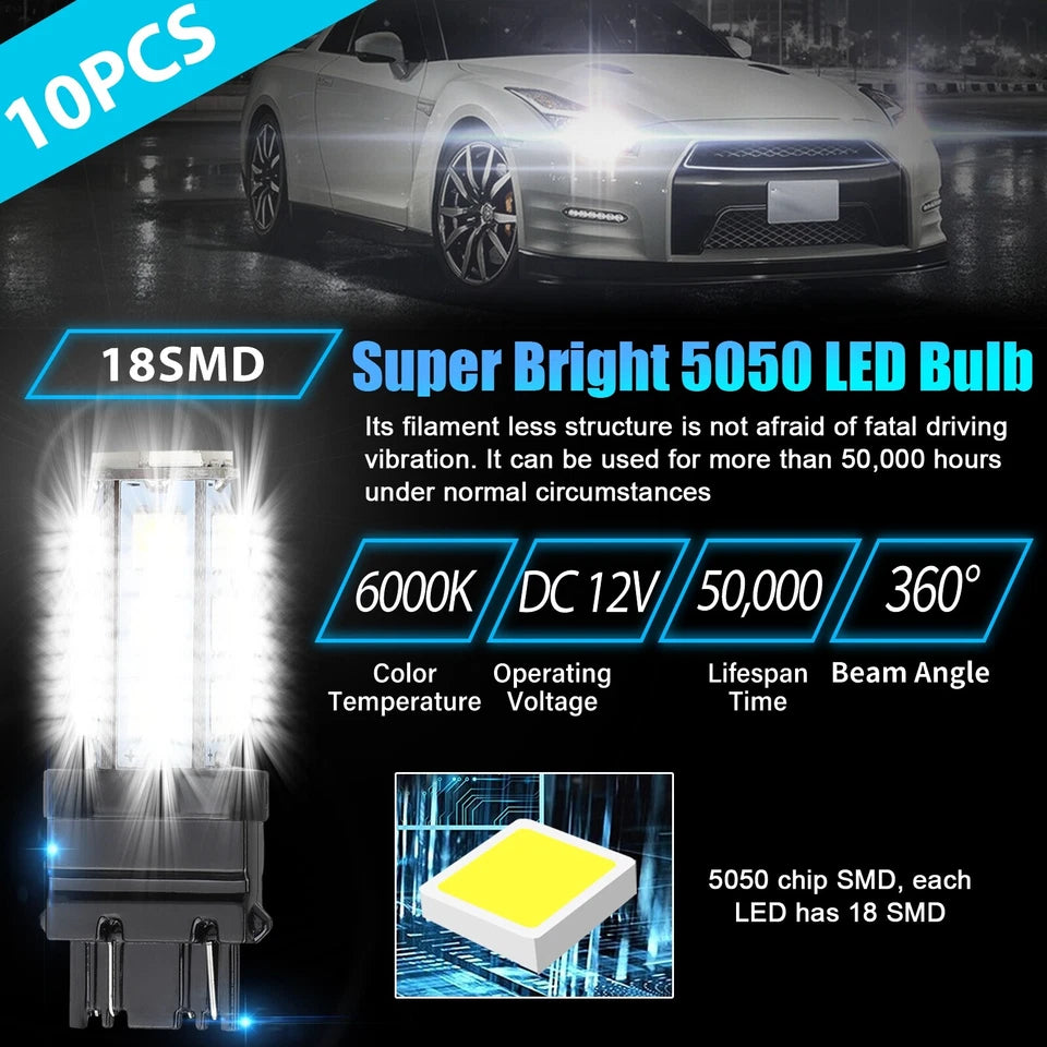 10Pcs 3157 3156 18-Smd Reverse Brake Stop Turn Signal Tail Led Light Bulbs White