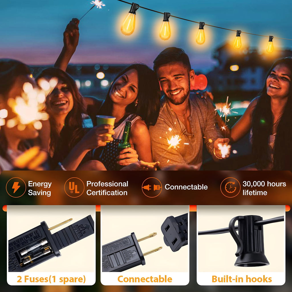 DAYBETTER 100FT S14 Solar Outdoor String Lights,2700K Waterproof Hanging Patio Lights for Backyard