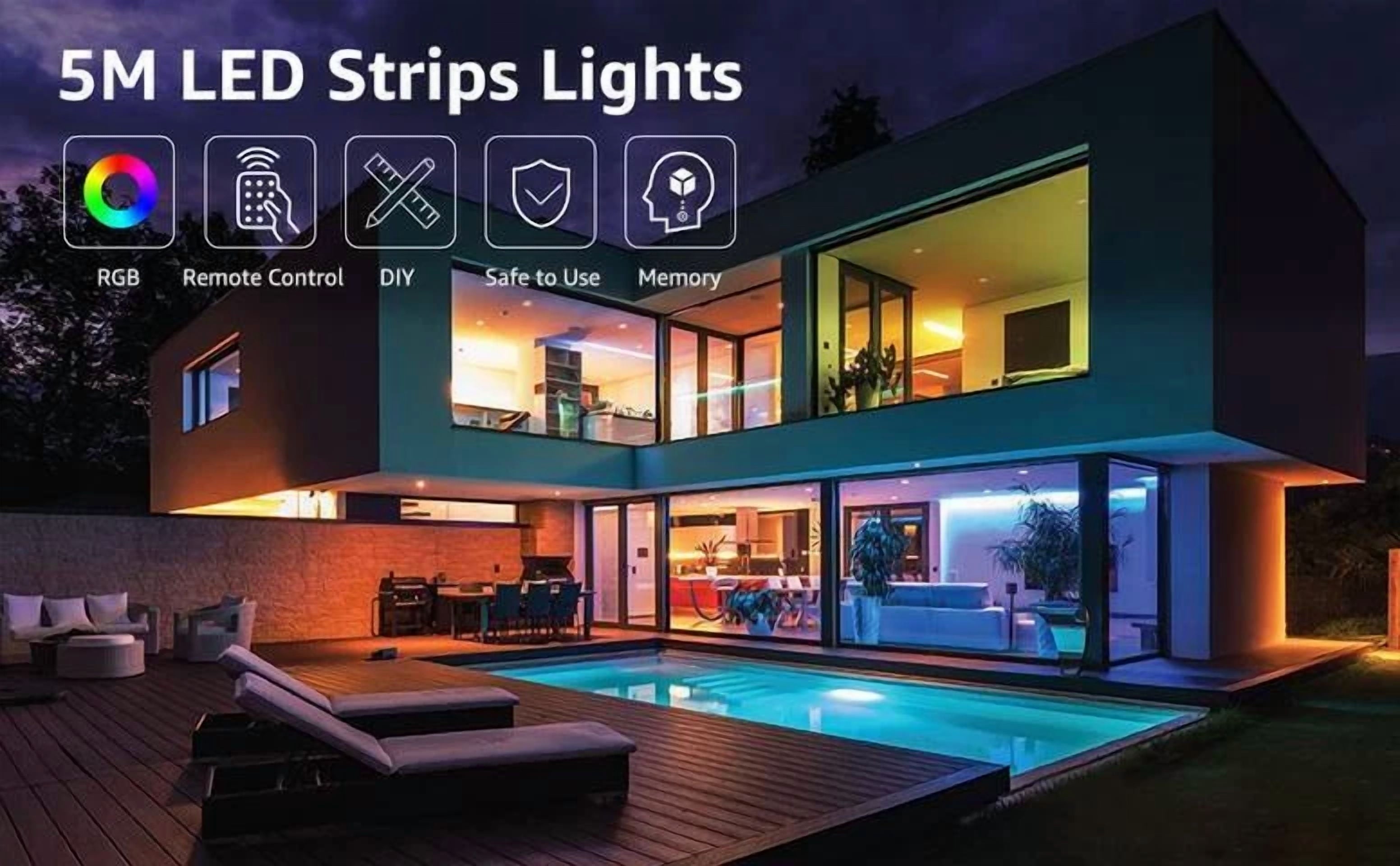 16.4Ft 2835 Super Bright Waterproof Rgb Color Led Strip Light Dc12V 2A W/5M Tape