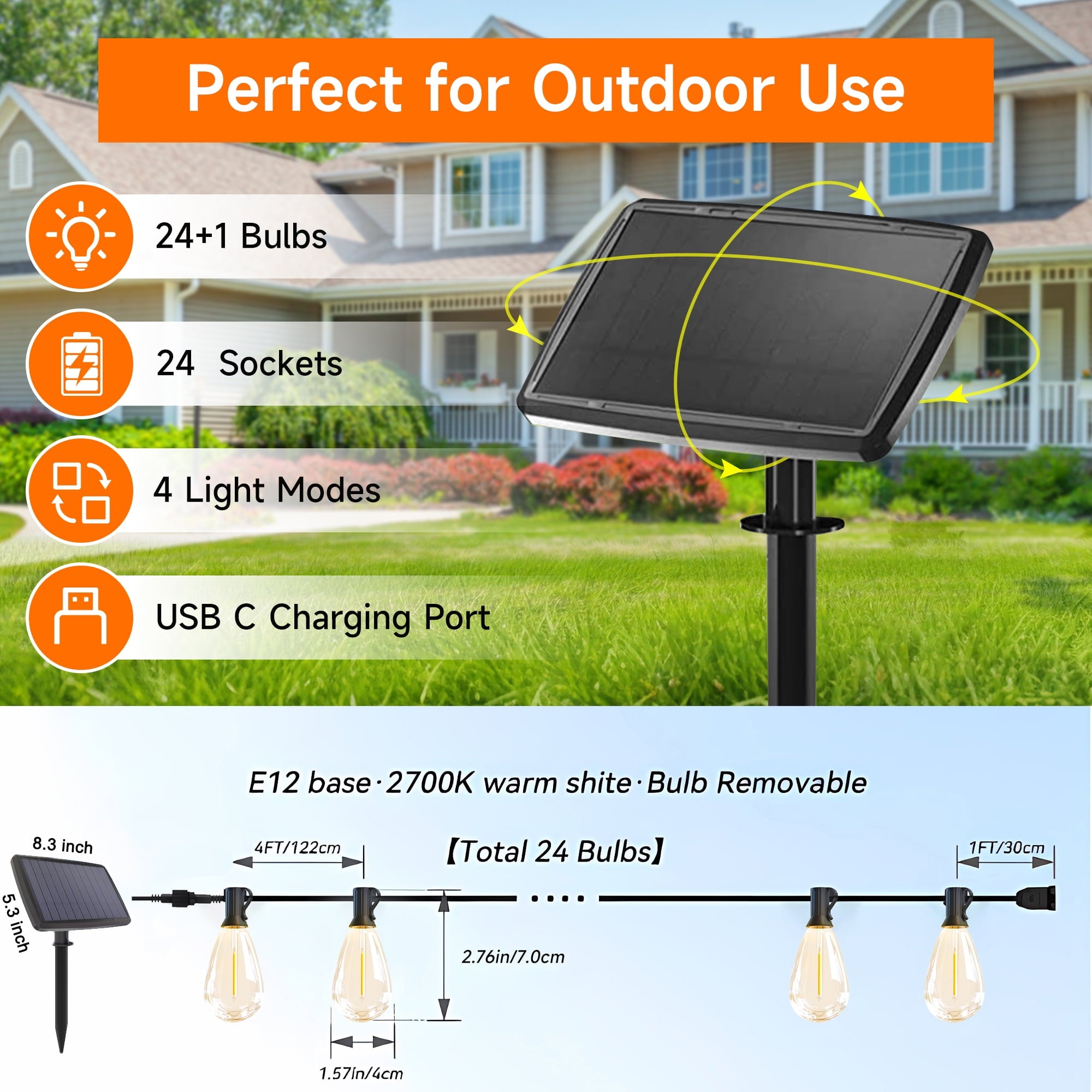 DAYBETTER 100FT S14 Solar Outdoor String Lights,2700K Waterproof Hanging Patio Lights for Backyard